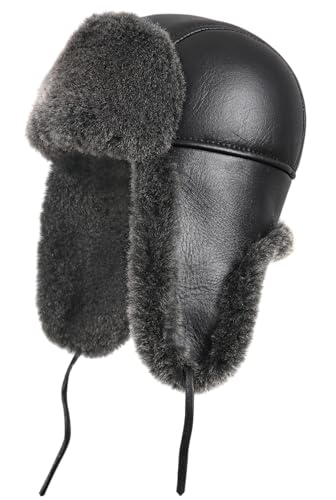 Zavelio Unisex Shearling Schaffell Leder Aviator Russische Ushanka Trapper Winter Fellmütze von Zavelio