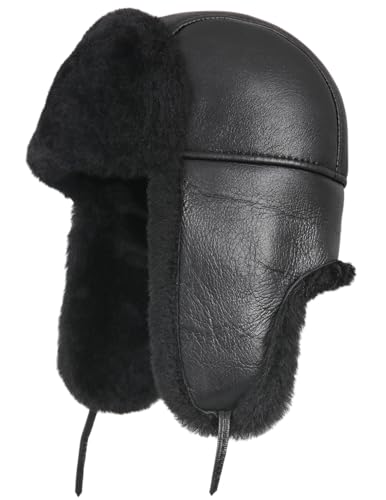 Zavelio Unisex Shearling Schaffell Leder Aviator Russische Ushanka Trapper Winter Fellmütze von Zavelio