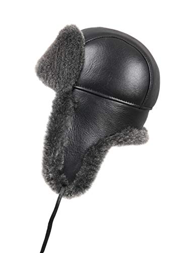 Zavelio Unisex Shearling Schaffell Leder Flieger Russische Uschanka Trapper Winter Pelzmütze von Zavelio