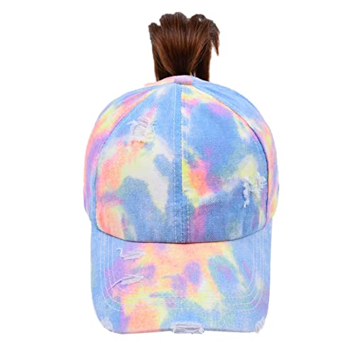 Zaxgf Damen Baseball Cap Pferdeschwanz Kappe Outdoor Basecap Retro Mützen Unisex Trucker Baseballkappe Hat Mit Zöpfen Loch Loop Hut Hohe Bun,Blau Orange Krawattenfarbe von Zaxgf