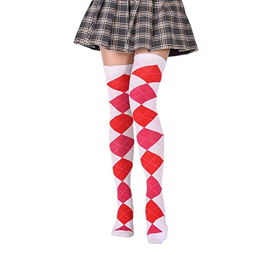 Zaxgf Damen Extra Lange Socken Überknie Kniestrümpfe Overknee Strümpfe Lange Gestreifte Socken Lässige Hoch Booten Strümpfe Cosplay Kostüm,Rot Kariert von Zaxgf