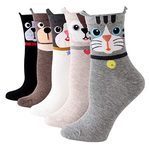 Zaxgf Damen Socken, 5 Paar Socken Süße Interessante Tier Charakter Funny Socken Baumwolle Komfortabel Netter Cartoon Bestickte Lustig kurz Frauen Mädchen Warme Socken,Größe 35-38,B Cartoon Welpe von Zaxgf