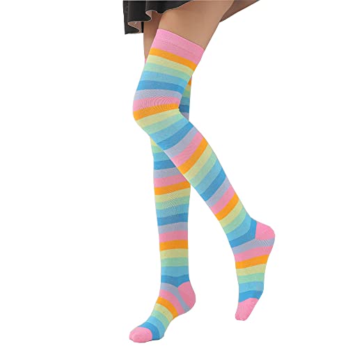 Zaxgf Overknee Strümpfe Kniestrümpfe Damen Lange Gestreifte Socken Mädchen Thigh High Socks Beinwärmer Schenkel Socken Cosplay Kostüm,Rosa Regenbogen von Zaxgf