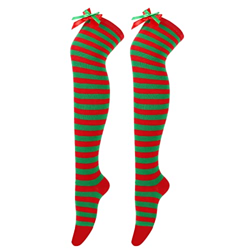 Zaxgf lange gestreifte Socken weiche über Kniestrümpfe, Weihnachts Frauen und Mädchen Beinwärmer Hoher Strumpf Klassischer Streifen muster 1 Paar Bogenknoten-Design,12 Roter grüner Streifen Knoten von Zaxgf