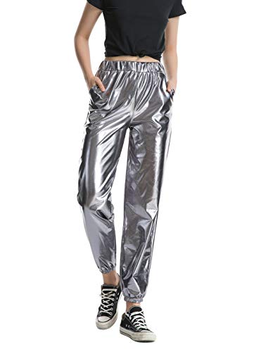 Zaxicht Damen-Jogginghose, metallisch, glänzend, lässig, hohe Taille, Haremshose, holografische Farbe, Hip-Hop-Hose, Streetwear - Grau - Mittel von Zaxicht