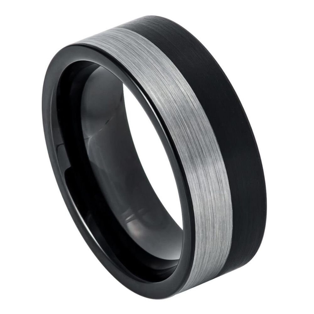 Flache Zweifarbige Schwarze Ringe, Herren Silber Und Schwarz Gebürstet Wolfram Eheringe, Graviert 8 Mm Ring, Hochzeit Versprechen Ring von Zayjeweler