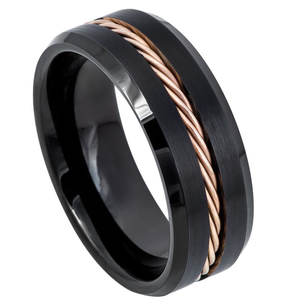 Galen Black Tungsten Herren Ehering Mit Geflochtener Roségold-Einlage, 6 Mm Ring Gravur, Versprechensringe von Zayjeweler