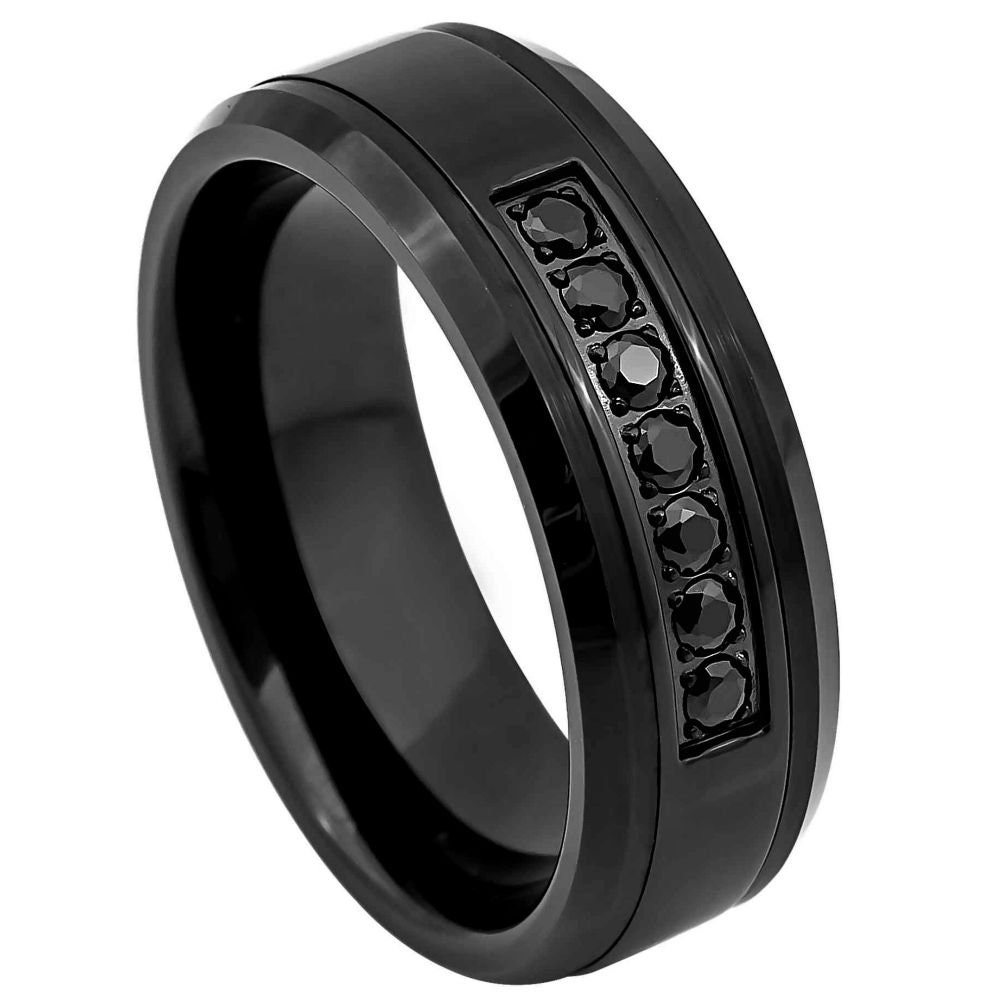 Horizont Schwarz Mit 7 Cz Schwarzen Steinen Hochzeit Wolframring Für Männer, Wolfram 8 Mm Ring, Herrenring Gravur, Versprechensringe von Zayjeweler