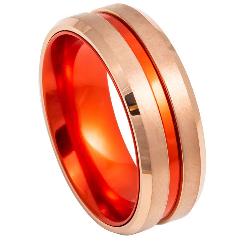 Rose Gold Orange Interior Ringe, 8mm Wolframband, Herren Ehering, Wolframring Graviert, Frauen Und Männer Versprechen Ring von Zayjeweler