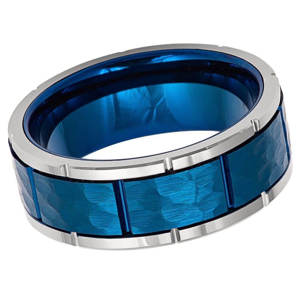 Saphir Blau Band Silber Umriss Mit Quadrat Gehämmert Wolfram Verlobungsring Herren, 8 Mm Ring von Zayjeweler