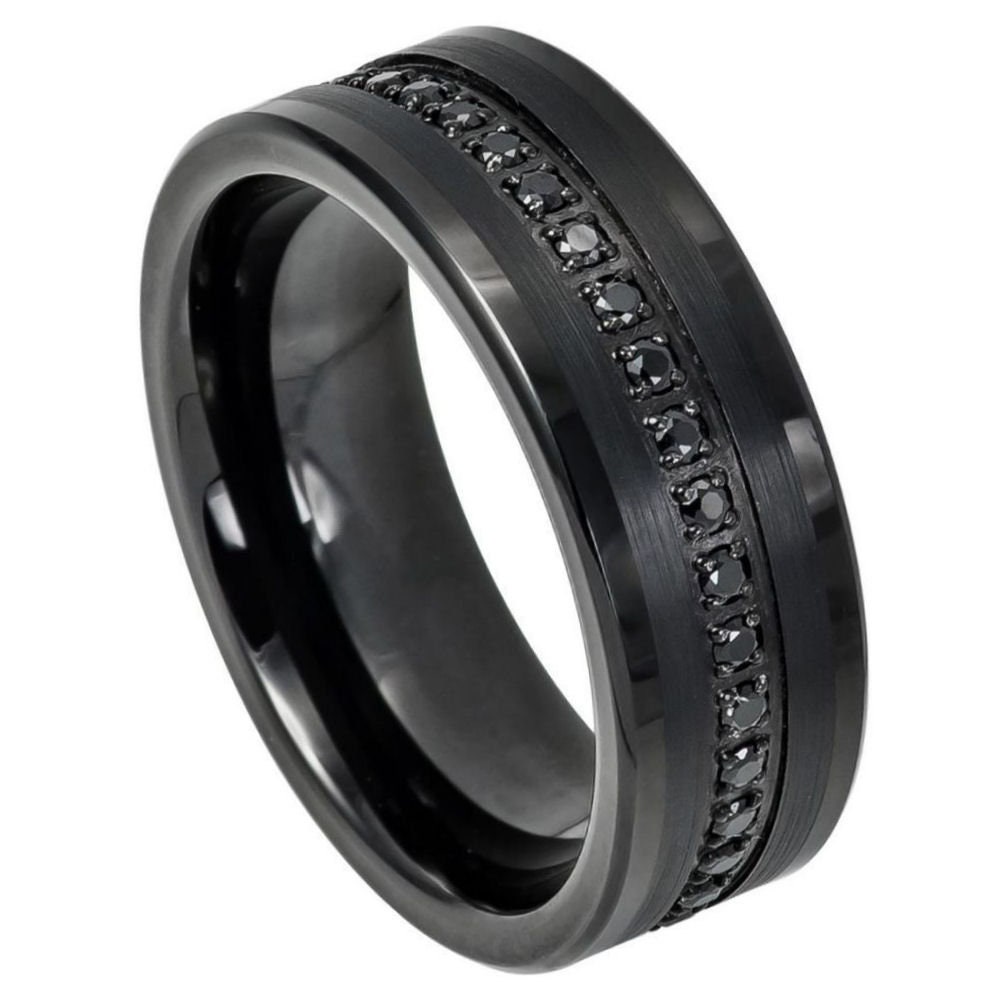 Schwarzer Ring Für Männer Mit Eingelassener Schwarzer Saphire in Der Mitte, Jubiläumsring, 8 Mm Wolframring, Herrenring Gravur von Zayjeweler