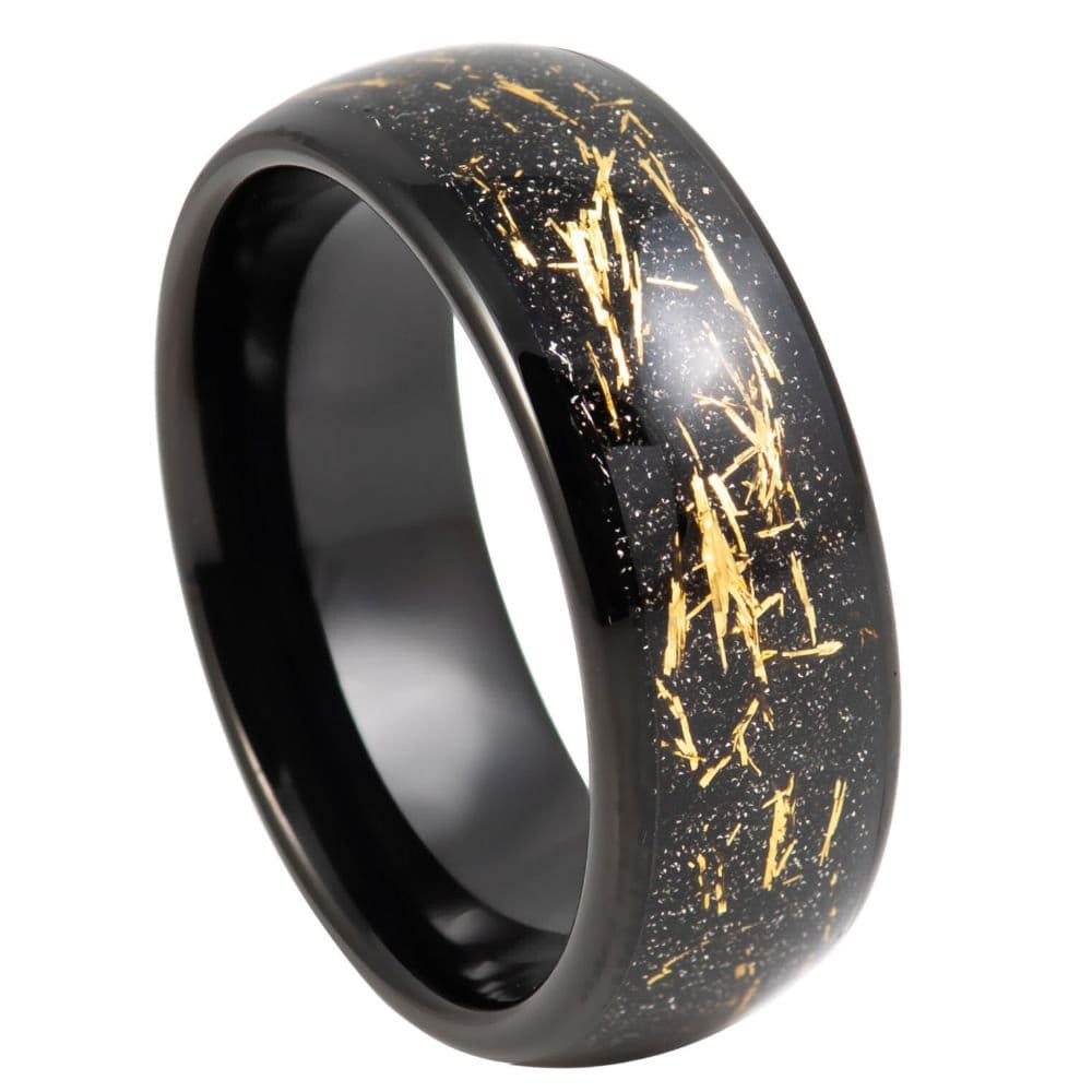 Schwarzes Band Mit Schwarz/Gold Marmor Opal Inlay 6mm - 8mm Ring Herren Wolfram Gravur, Herrenring von Zayjeweler