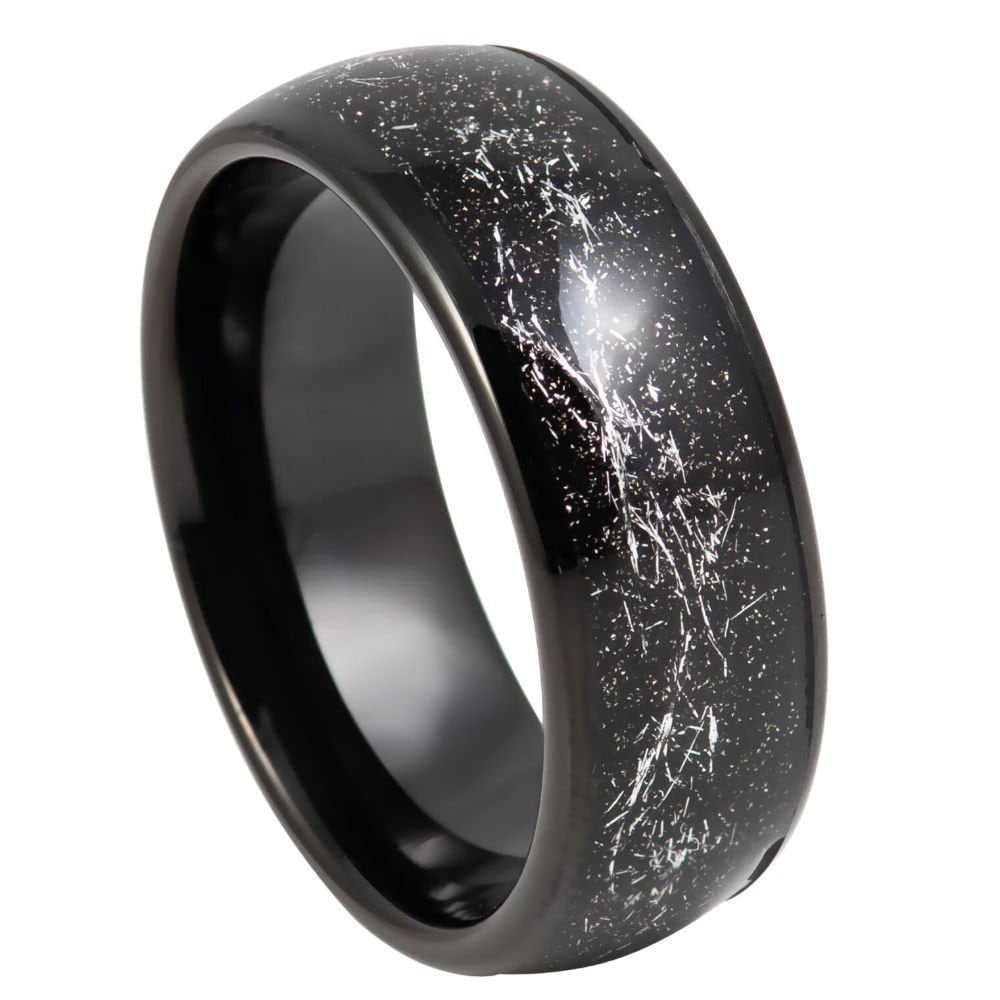 Schwarzes Band Mit Schwarz/Weißem Marmor Opal Inlay Wolfram Verlobungsring Herren, 6mm Und 8mm Ring, Herrenring von Zayjeweler