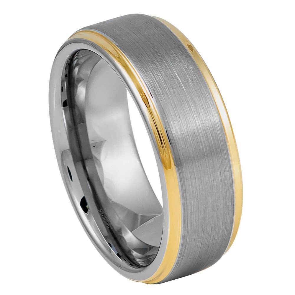 Wolfram Ring Für Männer Silber Center Gebürstet Mit Gelbgold Kanten, Herrenring, 8 Mm Gravur, Verlobungsring von Zayjeweler