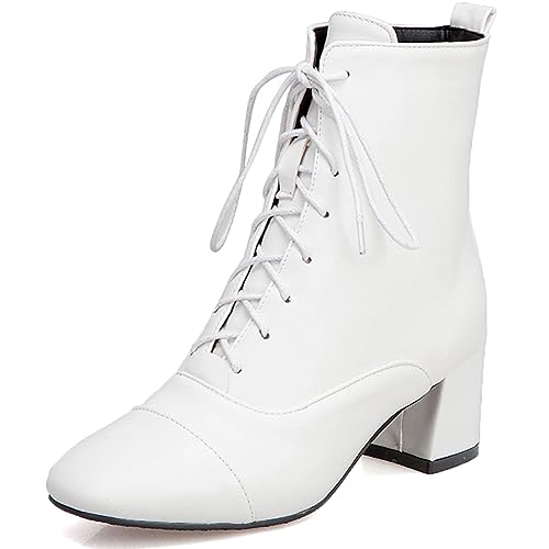 Zaylee Damen Stiefel Schnürsenkel Blockabsatz Beilaufig Stiefeletten Damen Abend Stiefel Schuhe,EU40-Weiß von Zaylee