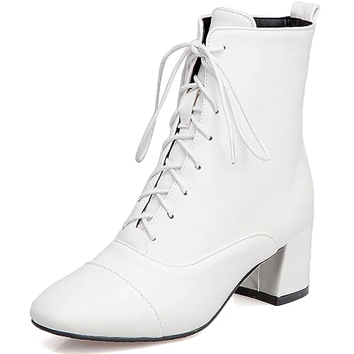 Zaylee Damen Stiefel Schnürsenkel Blockabsatz Beilaufig Stiefeletten Damen Abend Stiefel Schuhe,EU41-Weiß von Zaylee