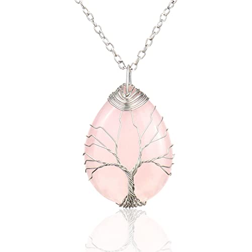 Zayookey Energie Kristall Anhänger Halskette Baumleben Edelstein Heilung Anhänger mit Kette Reiki Wassertropfenform Stein Halskette Tree of Life Crystal Healing Necklace (Rosa) von Zayookey