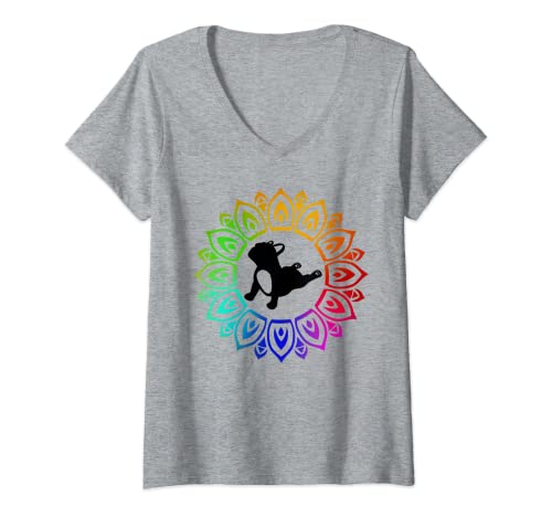 Damen Französische Bulldogge Yoga T-Shirt mit Regenbogen Chakra T-Shirt mit V-Ausschnitt Damen Französische Bulldogge Yoga T-Shirt mit Regenbogen Chakra T-Shirt mit V-Ausschnitt von Zazzy Dog Yoga