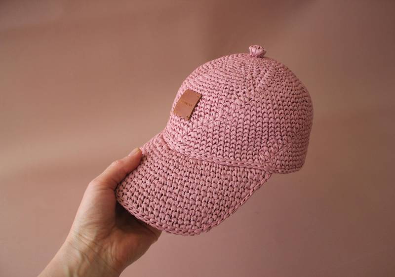 Strohkappe Baseball Sommer Raffia Baseballkappe Damen Rosa Stroh Handgemachte Strohkappe von ZbagsandhomeUA