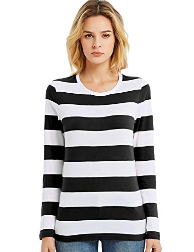 Langarm-Tops, Damen, weit gestreift, Rundhalsausschnitt, breite Streifen, lässig. Gr. Large, Schwarz und Weiß gestreift von Zbrandy