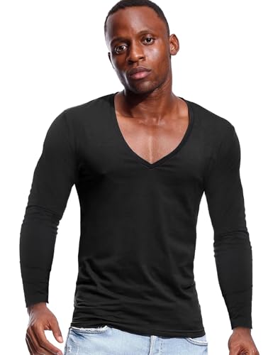 Zbrandy Herren Langarmshirt mit tiefem V-Ausschnitt, Stretch, tiefer Schnitt - Schwarz - L (Brust 99 cm) von Zbrandy