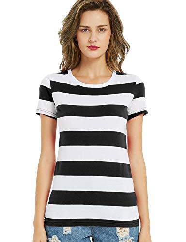 Zbrandy T-Shirts für Frauen gestreiftes Shirt Regenbogenstreifen Tops Rundhalsausschnitt Kurzarm Gr. Small, Breite, schwarz-weiße Streifen von Zbrandy