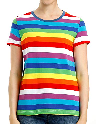 Zbrandy T-Shirts für Frauen gestreiftes Shirt Regenbogenstreifen Tops Rundhalsausschnitt Kurzarm Gr. Small, Regenbogenstreifen von Zbrandy