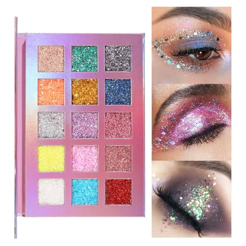 Lidschatten-Palette Glitzer, 15 Farben Glitzer-Lidschatten-Make-up-Palette, Hochhelle multifunktionale kosmetische Sparkle-Palette, langlebig, wasserfest, für Körper, Haare, Gesicht Zceplem von Zceplem