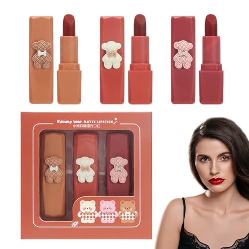 Nicht klebriger Lipgloss | Nicht klebender Lippenstift mit niedlichem Bären-Design,3-teiliges, langlebiges Lipgloss-Set, pigmentiertes Lippen-Make-up, Geschenk für Frauen Zceplem von Zceplem