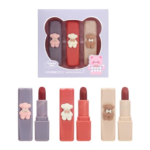 Nicht klebriger Lipgloss - Niedlicher Bären-Design-Make-up-Lippenstift,3-teiliges Lippen-Make-up-Set, wasserfestes Lippen-Make-up-Geschenk für Mädchen Zceplem von Zceplem
