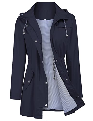 Zcfire Damen Regenmäntel Windbreaker Regenjacke Wasserdicht Leicht Outdoor Hooded Trenchcoats S-XXL, Marineblau, XXL von Zcfire