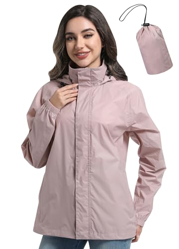 Zdoynto Regenjacke Damen Dünne Wasserdicht mit Kapuze Outdoorjacke Packbare Leicht Fahrrad Jacke Fahrradjacke Windbreaker Reisen Treking Fahrrad Rose XL von Zdoynto