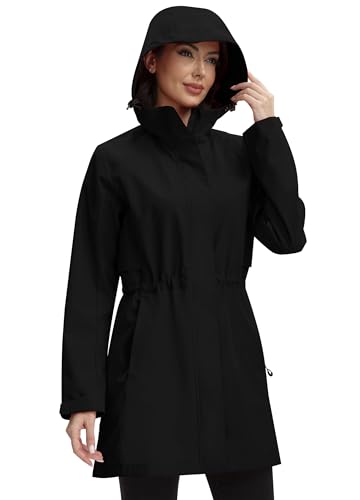 Zdoynto Regenjacke Damen Lang Softshelljacke Regenmantel Frauen Wasserdicht Jacke Trenchcoat Windbreaker Leichte Übergangsjacke Mantel Schwarz 3XL von Zdoynto