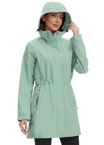 Zdoynto Regenjacke Damen Lang Softshelljacke Regenmantel Frauen Wasserdicht Jacke Trenchcoat Windbreaker Leichte Übergangsjacke Mantel grün 3XL von Zdoynto