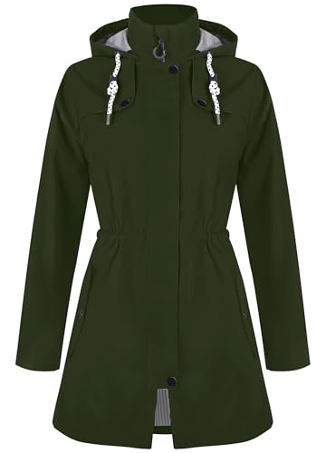 Zdoynto Regenjacke Damen Wasserdicht Lang Gefüttert Regenmantel mit Kapuze Übergangsjacke Softshelljacke Outdoorjacke Trenchcoat Outdoor Wandern Armeegrün S von Zdoynto