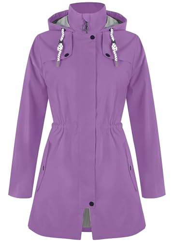 Zdoynto Regenjacke Damen Wasserdicht Lang Gefüttert Regenmantel mit Kapuze Übergangsjacke Softshelljacke Outdoorjacke Trenchcoat Outdoor Wandern Lila S von Zdoynto