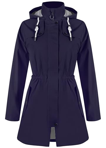 Zdoynto Regenjacke Damen Wasserdicht Lang Gefüttert Regenmantel mit Kapuze Übergangsjacke Softshelljacke Outdoorjacke Trenchcoat Outdoor Wandern Navy Blau L von Zdoynto