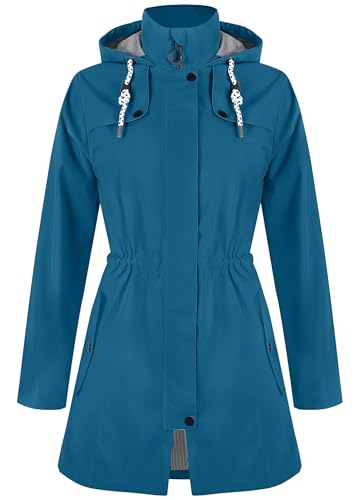 Zdoynto Regenjacke Damen Wasserdicht Lang Gefüttert Regenmantel mit Kapuze Übergangsjacke Softshelljacke Outdoorjacke Trenchcoat Outdoor Wandern Petrolblau 3XL von Zdoynto