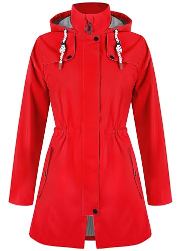 Zdoynto Regenjacke Damen Wasserdicht Lang Gefüttert Regenmantel mit Kapuze Übergangsjacke Softshelljacke Outdoorjacke Trenchcoat Outdoor Wandern Rot XXL von Zdoynto
