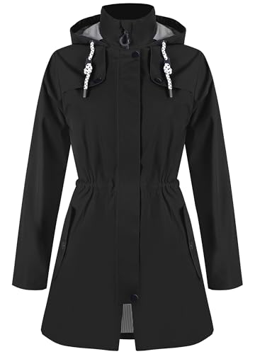 Zdoynto Regenjacke Damen Wasserdicht Lang Gefüttert Regenmantel mit Kapuze Übergangsjacke Softshelljacke Outdoorjacke Trenchcoat Outdoor Wandern Schwarz 2XL von Zdoynto
