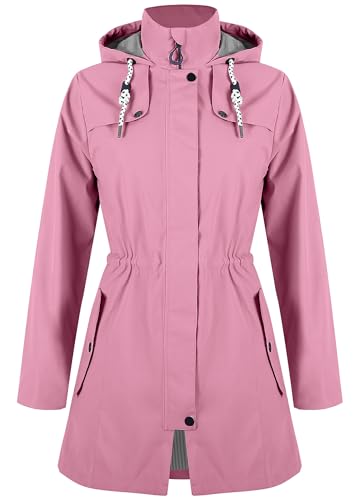 Zdoynto Regenjacke Damen Wasserdicht Lang Gefüttert Regenmantel mit Kapuze Übergangsjacke Softshelljacke Outdoorjacke Trenchcoat Outdoor Wandern Trockene Rose XL von Zdoynto
