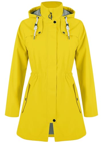 Zdoynto Regenjacke Damen Wasserdicht Lang Gefüttert Regenmantel mit Kapuze Übergangsjacke Softshelljacke Outdoorjacke Trenchcoat Outdoor Wandern Zitronengelb L von Zdoynto