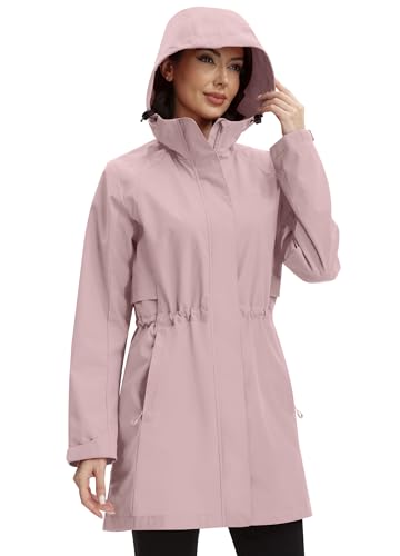 Zdoynto Regenjacke Damen Lang Softshelljacke Regenmantel Frauen Wasserdicht Jacke Trenchcoat Windbreaker Leichte Übergangsjacke Mantel Rosa 2XL von Zdoynto