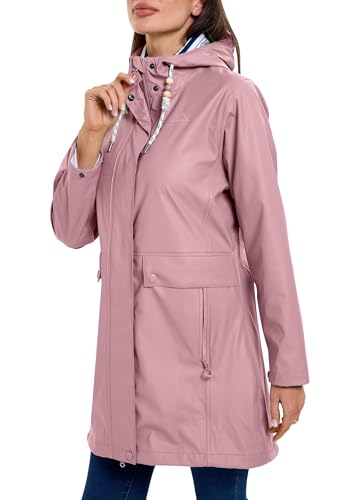 Zdoynto Regenmantel Damen Wasserdicht Gefütterte Regenparka PU Regenjacke Lang Parka Übergangsjacke Outdoorjacke Outdoor Wandern Rosa XL von Zdoynto