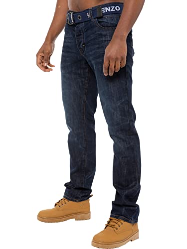 Enzo Designer-Herren-Jeans mit geradem Bein, normale Passform, Denim-freier Gürtel, King-Size-Größen, Dark Stonewash, 34 W/34 L von Ze ENZO