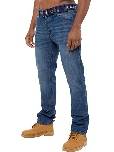 Enzo Designer-Herren-Jeans, gerades Bein, normale Passform, Denim-freier Gürtel, King-Size, Mid-Stonewash, 38 W / 34 L von Ze ENZO