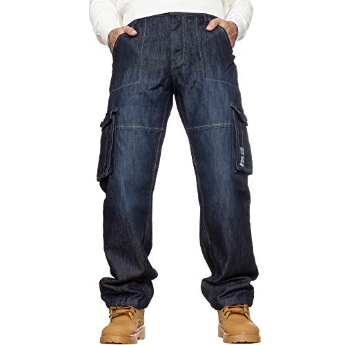 Enzo Herren-Combat-Jeans, legere Cargo-Arbeitshose, Denim-Hose, groß, alle Taillen, Dark Stonewash, 48W x 32L von Ze ENZO