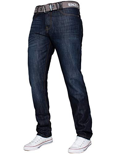 Enzo Herren-Jeans mit geradem Bein, mit Gürtel, normale Passform, alle Taillengrößen 71,1 - 121,9 cm, indigo, 34 W/32 L von ENZO ANGIOLINI