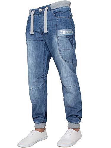 Enzo Herren-Jogginghose, Denim, mit Bündchen, Twill-Hose, Blau, 44W / 32L von Ze ENZO