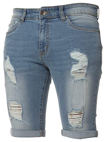 Enzo Herren-Shorts, enge Stretch-Shorts, zerrissene, knielange Jeans, Denim, halbe Hose, Light Stone Wash, 40W von Ze ENZO